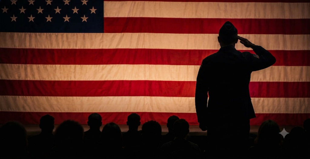 Silhouette of a veteran saluting the American flag