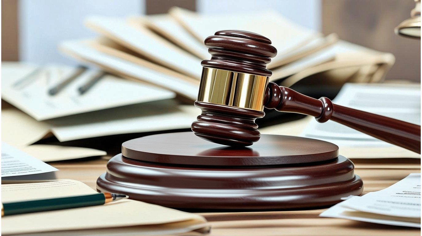 Judge's gavel on a court bench with legal documents